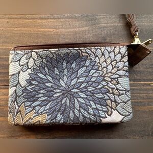 Floral Tapestry Wristlet Pouch in Blue and Tan